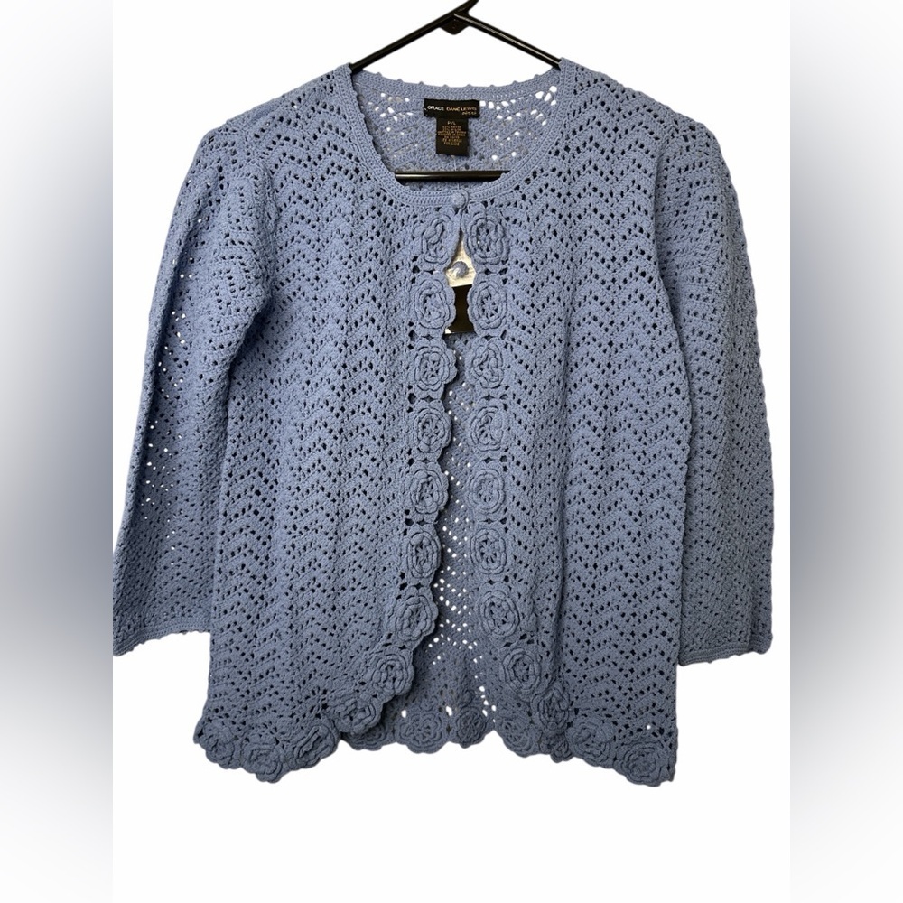 Grace Dame Lewis Blue Crochet Cardigan Sweater NWT